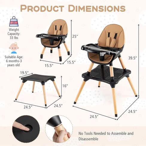 HONEY JOY Baby High Chair, 5-in-1 Convertible Wooden Highchair for Babies and Toddlers/Table and Chair Set/Booster Seat with Safety Harness, 4-Position Removable Feeding Tray (Coffee) in Saudi Arabia