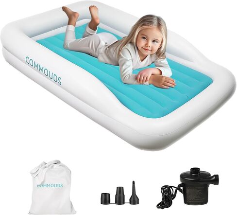 COMMOUDS Portable Toddler Travel Bed with Safety Bumpers, Inflatable Kids Air Mattress with Electric Pump, Baby Blow up Mattress, for Grandma's Home Camping Vacation in Saudi Arabia