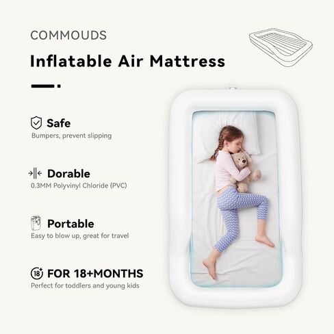 COMMOUDS Portable Toddler Travel Bed with Safety Bumpers, Inflatable Kids Air Mattress with Electric Pump, Baby Blow up Mattress, for Grandma's Home Camping Vacation in Saudi Arabia