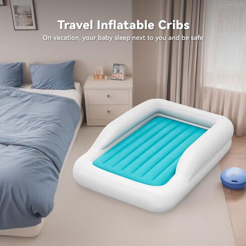 COMMOUDS Portable Toddler Travel Bed with Safety Bumpers, Inflatable Kids Air Mattress with Electric Pump, Baby Blow up Mattress, for Grandma's Home Camping Vacation in Saudi Arabia