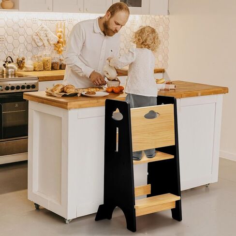 Costyland Toddler Towning Tower Hightable - Super Super Kids Kitch Kitchen Helper - 3 مستويات قابلة للتعديل براز مطبخ خشبي قابلة للتعديل (طبيعي وأبيض) in Kuwait