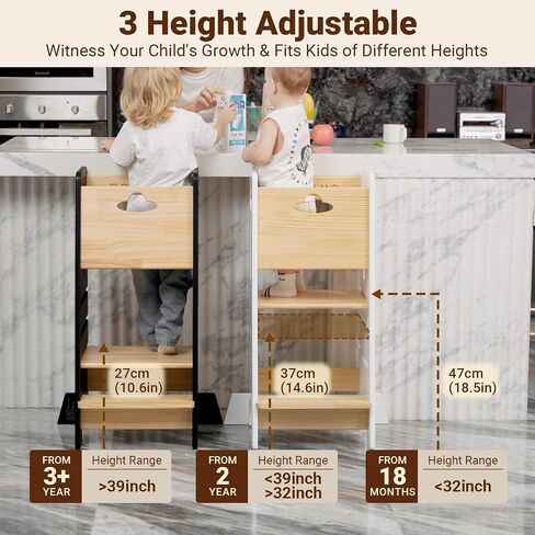 Costyland Toddler Towning Tower Hightable - Super Super Kids Kitch Kitchen Helper - 3 مستويات قابلة للتعديل براز مطبخ خشبي قابلة للتعديل (طبيعي وأبيض) in Kuwait