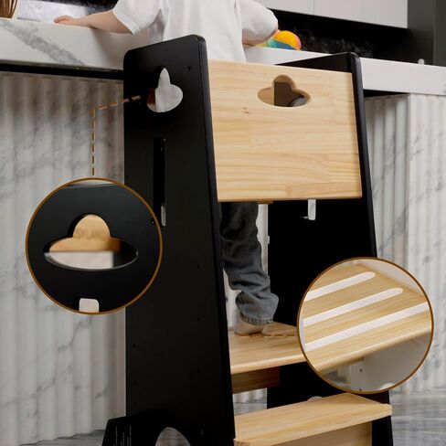 Costyland Toddler Towning Tower Hightable - Super Super Kids Kitch Kitchen Helper - 3 مستويات قابلة للتعديل براز مطبخ خشبي قابلة للتعديل (طبيعي وأبيض) in Kuwait