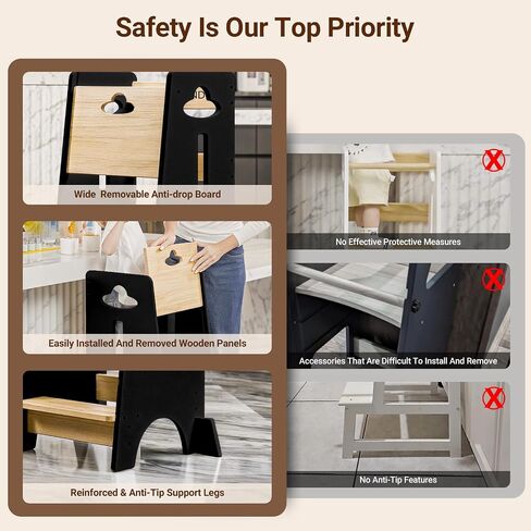 Costyland Toddler Towning Tower Hightable - Super Super Kids Kitch Kitchen Helper - 3 مستويات قابلة للتعديل براز مطبخ خشبي قابلة للتعديل (طبيعي وأبيض) in Kuwait