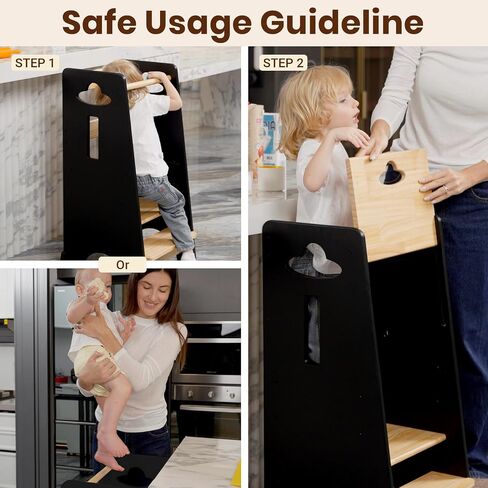 Costyland Toddler Towning Tower Hightable - Super Super Kids Kitch Kitchen Helper - 3 مستويات قابلة للتعديل براز مطبخ خشبي قابلة للتعديل (طبيعي وأبيض) in Kuwait