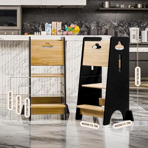 Costyland Toddler Towning Tower Hightable - Super Super Kids Kitch Kitchen Helper - 3 مستويات قابلة للتعديل براز مطبخ خشبي قابلة للتعديل (طبيعي وأبيض) in Kuwait