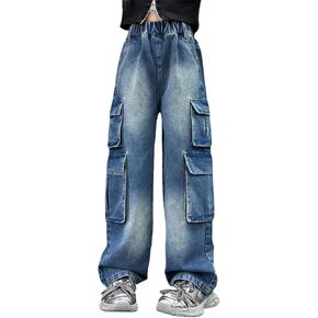Girs Baggy Cargo Jeans Kids Washed Wide Leg Straight Elastic Waist Denim Pants Trendy Vintage Streetwear Trousers
