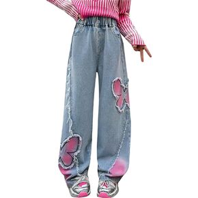 Baggy Wide Leg Girls Jeans Straight Elastic High Waist Raw Printed Denim Pants Y2K Bow Patchwork Streetwear Trousers