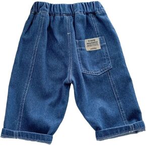 Kids Boys Girls Short Denim Jeans Straight Leg Elastic Waist Comfy Pants with Pockets Casual Fashionable