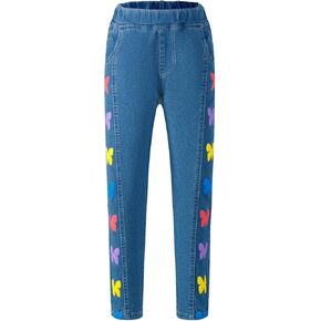 Straight Leg Jeans for Girls Kids Colorful Butterfly Pattern Y2k Streetwear High Elastic Waist Denim