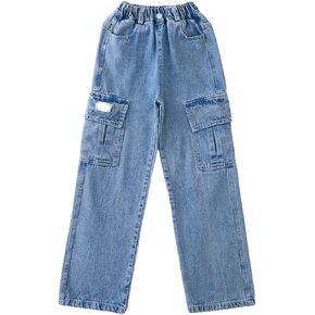 Girls Baggy Jeans Wide Leg Straight High Elastic Waist Denim Pants Casual Y2k Streetwear Lightweight Palazzo Trouser
