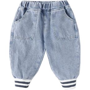 Toddler Baby Cuffed Hem Jeans Baggy Wide Leg Pocket Jean Pants Loose Elastic Waist Straight Cute Denim Bottom for Boys