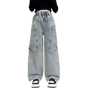 Girls Straight Wide Leg Jeans Baggy Palazzo Patchwork Elastic High Waist Denim Pants Y2K Retro Loose Streetwear Bottom