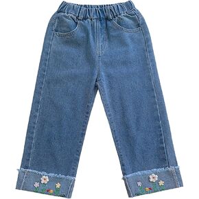 Girls Floral Embroidery Raw Hem Jeans Straight Wide Leg Denim Elastic High Waisted Pants Cute Y2k