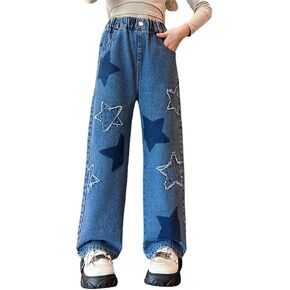 Baggy Straight Jeans Kids Girls Ripped Wide Leg Elastic Waist Denim Pants Star Distressed Vintage Streetwear Trousers