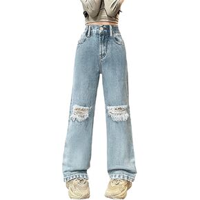 Wide Leg Baggy Ripped Jeans Girls High Waist Loose Palazzo Denim Pants Straight Streetwear Y2K Trousers for Kids 10