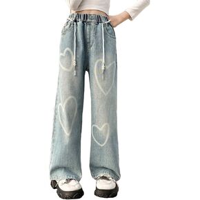 Girls Kids Straight Wide Leg Denim Jeans Heart Pattern Y2k Streetwear Pants Washed Elastic (Blue, 11-12 Year)