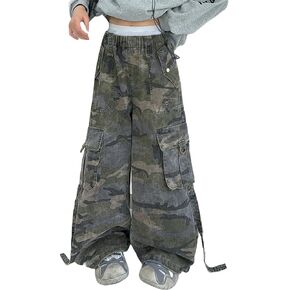 Girls Baggy Camo Cargo Jeans Mid Ris1 Elastic Wide Leg Straight Denim Pants Oversized Pockets Streetwear Work Jeans