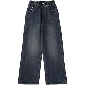 Girls Baggy Wide Leg Jeans Straight Loose Elastic High Waist Palazzo Denim Pants Retro Distressed Vintage Trousers