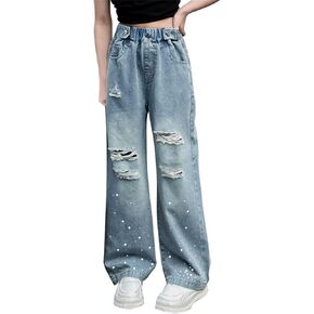 Baggy Ripped Straight Jeans Wide Leg Loose Elastic High Waist Denim Pants Palazzo Streetwear Sequin Girl Kids Trousers