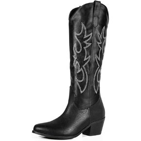 RKQ Women's White Embroidered Knee High Cowboy Boots Western Pointed Toe Chunky Block Heel Pull On Tall Cowgirl Boot Classic Sexy Party Wedding