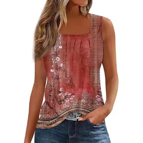 Tank Top for Women Sleeveless Pleated T Shirts Square Neck Printed Summer Tunic Tops Loose Fit Vacation Tank Tops