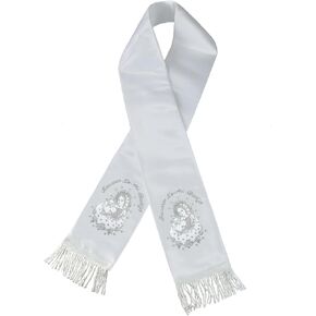 Metallic Embroidered Christening Baptism Stole Scarf Sash Virgin Mary Pope Santa Maria Papa (Small (Newborn~2 Years), Silver with Spanish)