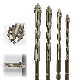 4 Flute Eccentric Drill Bit Set,2025 New Four-Flute Sawtooth Eccentric Drill Bit,Four Edged Serrated Eccentric Drill Bit Set for Stone Glass Concrete Wood Brick Metal (6+8+10+12mm)