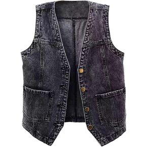 Womens Sleeveless Denim Vest Vintage V Neck Button Down Jean Waistcoat Casual Loose Versatile Tank Jacket with Pocket