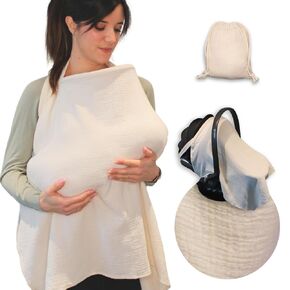 Muslin Cotton Nursing Cover – Breathable & Soft with Removable Hoop, Arch Neckline for Easy Breastfeeding, Versatile Cover for Nursing, Stroller & Car Seat (Vanilla)