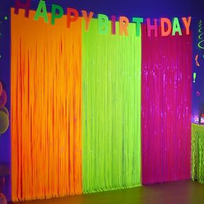 Mega-L Glow in The Dark Party Supplies, 3 Pack Neon Party Decorations 9.9 x 6.6 ft Fluorescent Macaron Orange, Yellow and Fuchsia Tinsel Foil Fringe Curtains, Glow Photo Booth Prop Backdrop Streamer