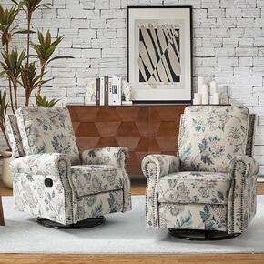 HULALA Home Swivel Rocker Recliner Set of 2, Modern Printed Fabric Swivel Recliner Chair for Adults Glider with Adjustable Backrest & Footrest, Beige