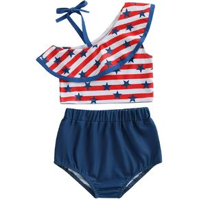 Toddler Baby Girl 4th of July Bathing Suit Two Piece Swimsuit Bikini One Shoulder Ruffle Tops Bottoms Swimwear Set