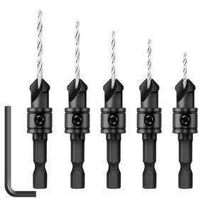 Countersink Drill Bit Set,5pcs Counterbore Drill Bit Set for #5, #6, #8, #10, #12 Screws,M2 Pilot Drill Bits with 1/4" Hex Shank, Allen Wrenche,82-Degree Chamfer for Woodworking and Carpentry