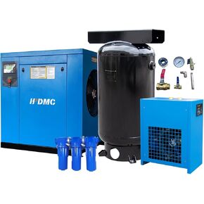 11KW 15HP Rotary Screw Air Compressor 230V/3Ph 57CFM 125psi Heavy Duty Air Compressed System with 70CFM Refrigerated Air Dryer and 80Gal ASME Vertical Tank