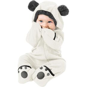 Newborn Baby Fleece Footed Jumpsuit Hooded Pramsuit Winter Snowsuit for Infant Boys Girls Bear Romper Outerwear