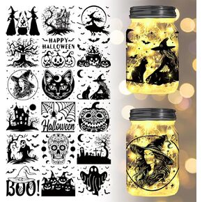 GLOBLELAND 18Pcs Halloween Transfer Stickers 3.9x3.6inch Witch and Black Cat Decals Stickers Ghost House Rub on Transfer for Mason Jars Furniture Vase Glass Decorations Art Crafts