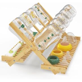 EsLuker.ly Baby Bottle Drying Rack, Bamboo Vertical Dryer Holder Organizer for Kitchen Countertop, Space Saving Foldable Baby Glass Milk Bottle Drain Storage Shelf for New Parents Family, No Assembly