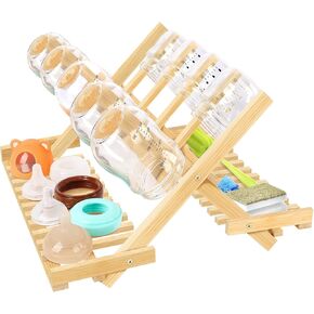 Baby Bottle Drying Rack, Foldable Bamboo Bottle Rack Dryer Space Saving, Travel Vertical Portable Baby Bottle Storage Organizer for Countertop Baby Accessories