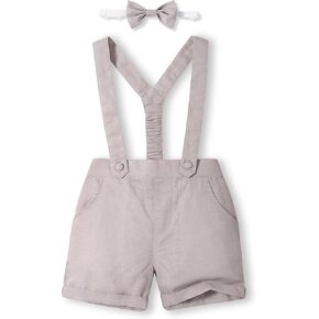 Volunboy Baby Boy Suspenders Shorts Toddler Cotton Linen Shorts with Bowtie Infant Gentlemen Formal Outfits