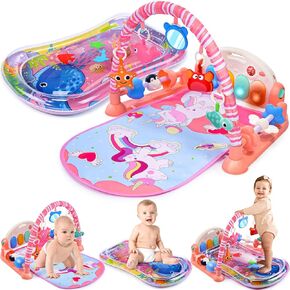 Baby Gyms Play Mats with Tummy Time Water Mat, Baby Activity Mat Play Piano Gym with 5 Sensory Toys for Babies, Music & Lights Boy & Girl Gifts for Newborn Babies 0-3 4-6 6-9 6-12 Months