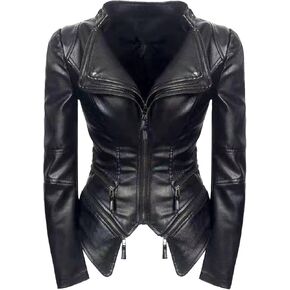 DGHM-JLMY Women Fashion Zipper Punk Cropped Outerwear Faux Belted Motor Jacket Stand Collar Jackets Solid Slim Coats