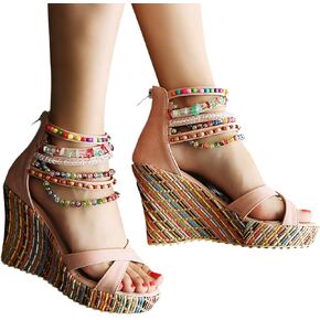 ZBYY Wedge Sandals for Women Casual Summer Pearls High Heels Espadrilles Platform Sandals Open Toe Bohemian Shoes