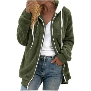 LCMTWX Womens Winter Fuzzy Fleece Jacket Color Artificial Wool Zipper Drawstring Long-Sleeved Hoodie Sweater Coat Hooded
