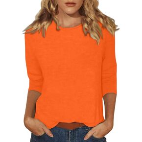 3/4 Length Sleeve Womens Tops Solid Three Quarter Sleeve Basic Tees Cute Round Neck Tunic Tops Dressy Blouses