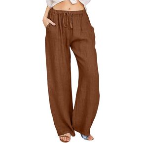 Cotton Linen Pants for Women Lightweight High Waisted Pants Tie Knot Wide Leg Pants Summer Lounge Pants with Pockets in Saudi Arabia