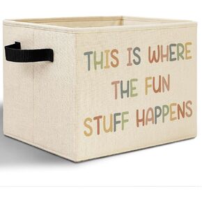 Playroom Storage Bins, This Is Where the Fun Stuff Happens Collapsible Storage Basket Organizer for Playroom Kids Room Nursery Classroom Clothes Toys Books, Toybox for Girls Boys