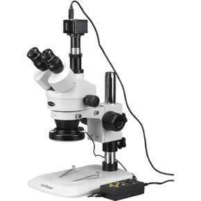 AmScope SM-1TNZ-144A-5M Digital Professional Trinocular Stereo Zoom Microscope, WH10x Eyepieces, 3.5X-90X Magnification, 0.7X-4.5X Zoom Objective, Four-Zone LED Ring Light, Pillar Stand, 110V-240V, Includes 0.5X and 2.0X Barlow Lenses and 5MP Camera with 
