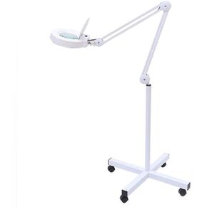 5X Magnifying Lamp with LED Light, Adjustable Floor Stand, Rolling Base Hands- Illuminated Magnifier for Reading, Crafts, Beauty, and Hobbies(White)