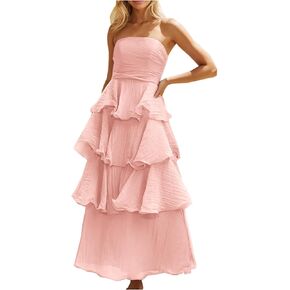 Women's Summer Boho Sleeveless Maxi Dress Off Shoulder Tube Ruffle Tiered Layered Swing Long Beach Vacation Dresses